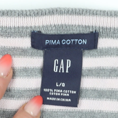 Gap Women's Grey Striped V-Neck Jumper L