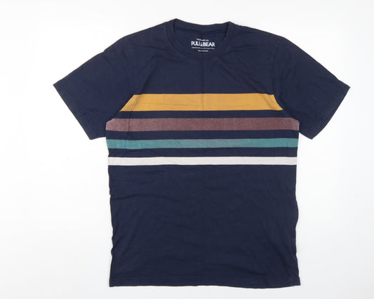 Pull&Bear Men's Blue Striped Cotton T-Shirt, Size M