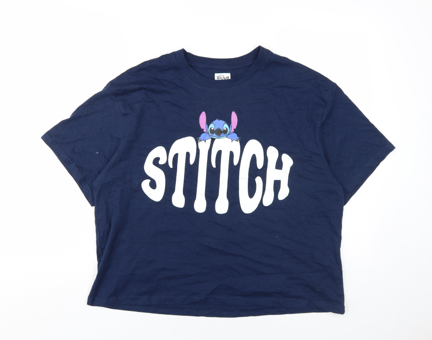 Disney Women Blue Cotton Stitch T-Shirt Size M