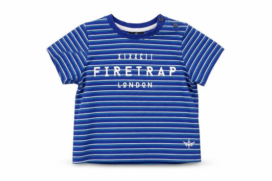 Front view of Firetrap boys’ blue striped t-shirt, size 12-18, months