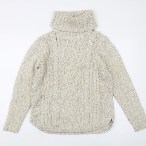 Joules Women's Beige Cable-Knit Roll Neck Jumper Size 10