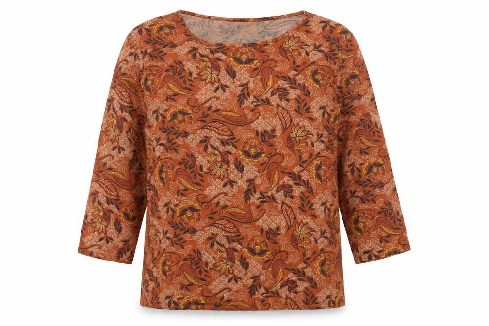 Front view of Isle Women's Orange Floral Basic Top, size L, 3/4 Sleeve