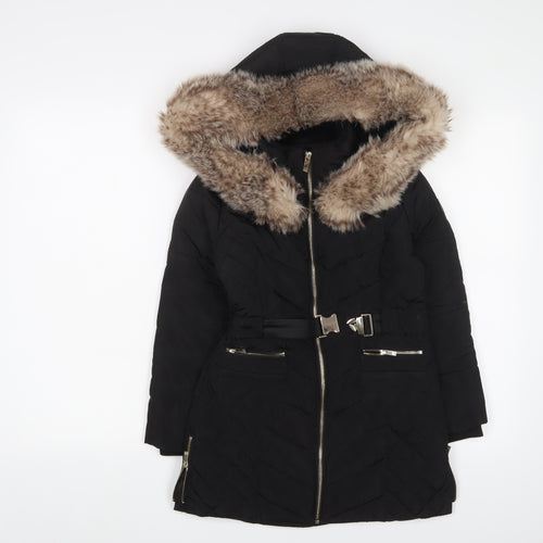 River Island Girls Black Puffer Jacket 7-8 Years Faux Fur Hooded