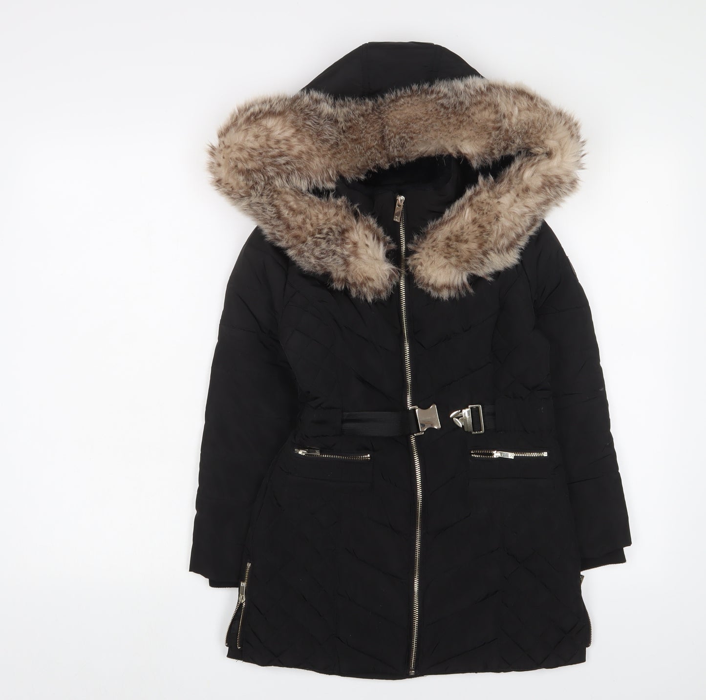 River Island Girls Black Puffer Jacket 7-8 Years Faux Fur Hooded