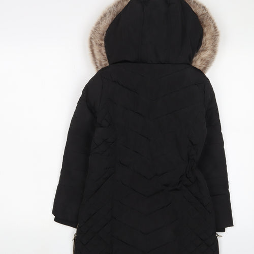 River Island Girls Black Puffer Jacket 7-8 Years Faux Fur Hooded