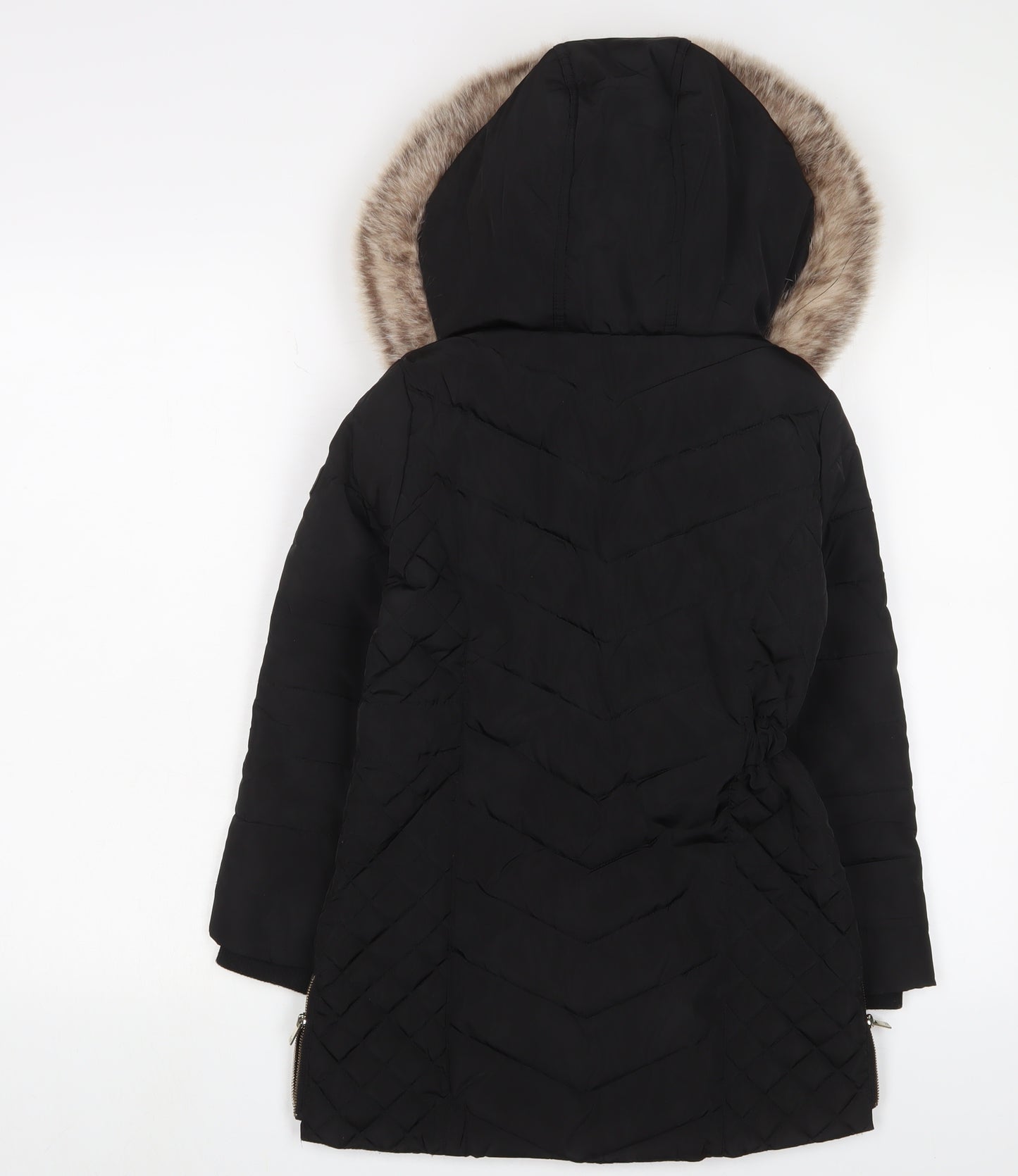 River Island Girls Black Puffer Jacket 7-8 Years Faux Fur Hooded