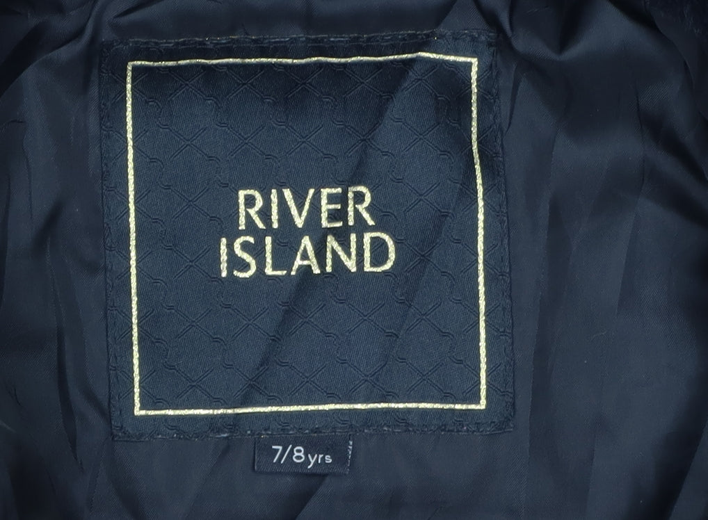 River Island Girls Black Puffer Jacket 7-8 Years Faux Fur Hooded