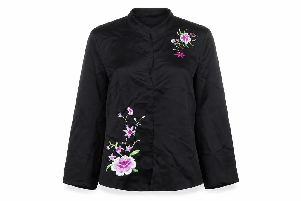 Front view of Oasis Women's Black Floral Kimono Blouse, size 8