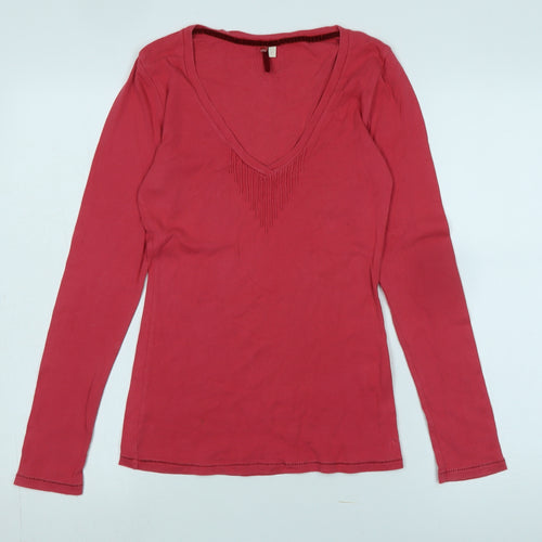 Whistles Women's Red V-Neck Cotton Long Sleeve T-Shirt M