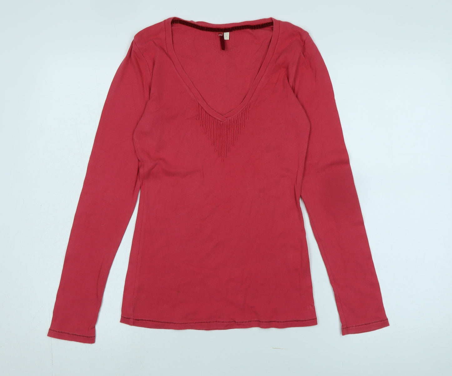 Whistles Women's Red V-Neck Cotton Long Sleeve T-Shirt M