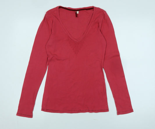 Whistles Women's Red V-Neck Cotton Long Sleeve T-Shirt M