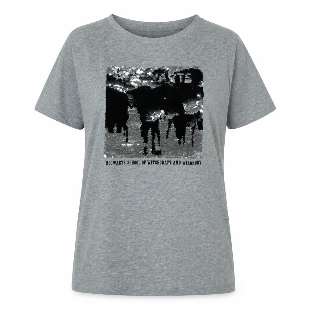 Front view of Harry Potter unisex grey t-shirt l hogwarts sequin