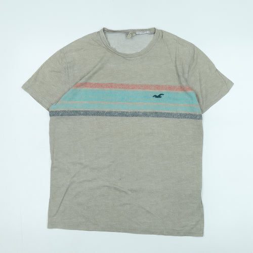 Hollister Men's Grey Striped Crew Neck T-Shirt Size S