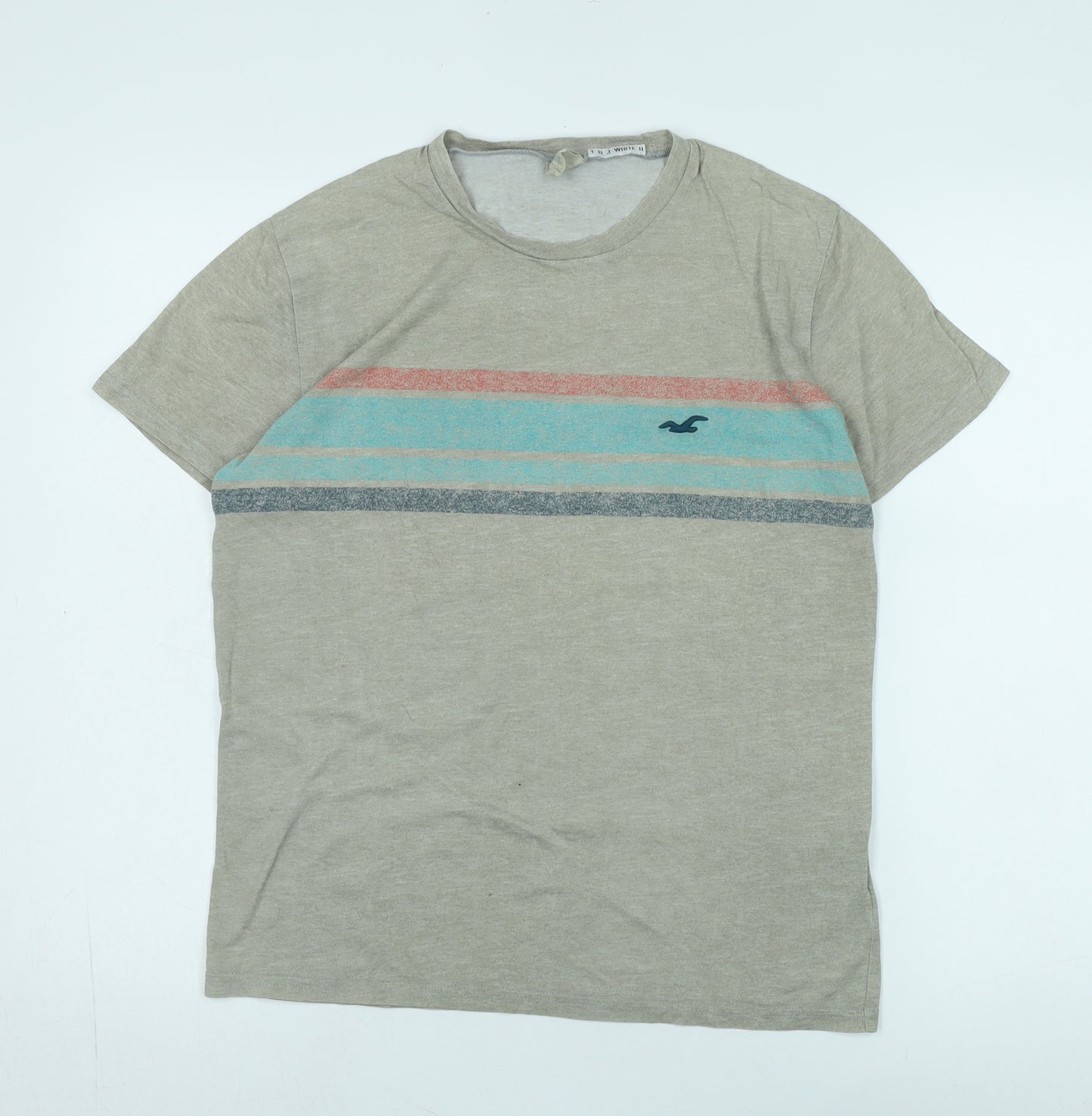 Hollister Men's Grey Striped Crew Neck T-Shirt Size S