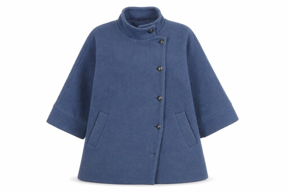 Front view of Monsoon Women's Blue Cotton Blend Mid-Length Coat