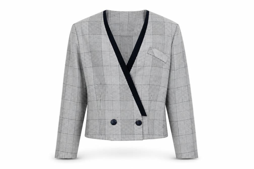 Front view of Louise Allen Women's Grey Check Cropped Blazer