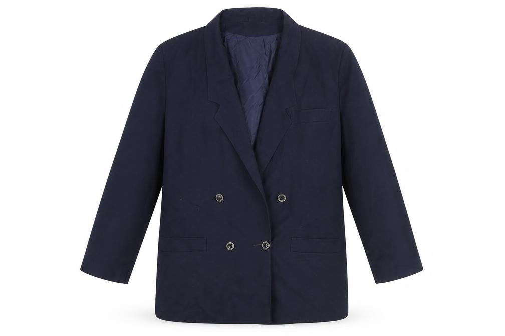 Front view of Tanya Women's Blue Notch Lapel Double-Breasted Blazer, size 14