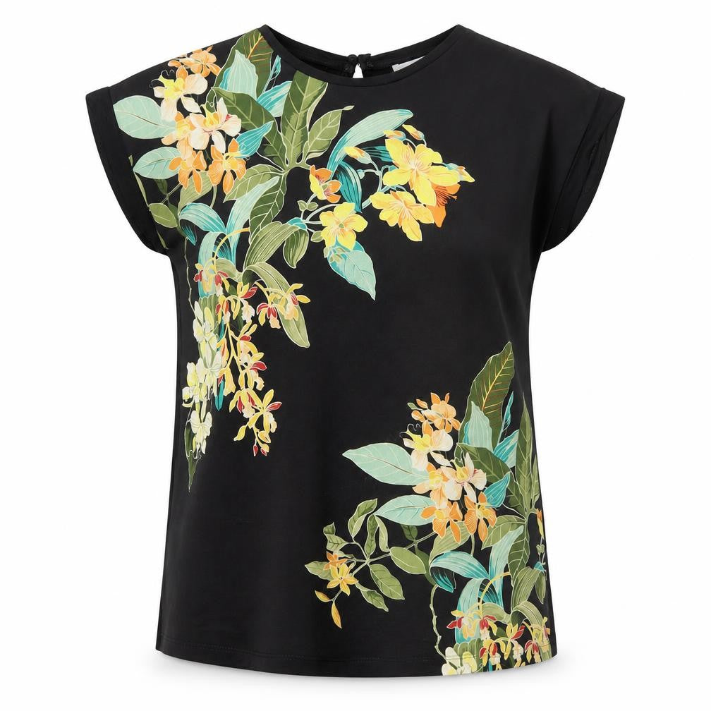 Front view of Warehouse Women's Black Floral Top, size 8