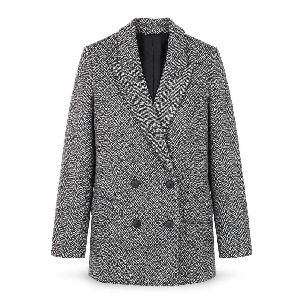Front view of H&M Women's Black Blazer, size 8, Double-Breasted