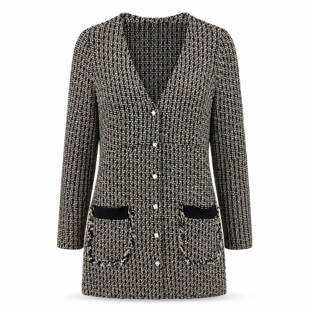 Front view of Zara Women's Black Beige Cardigan M V-Neck