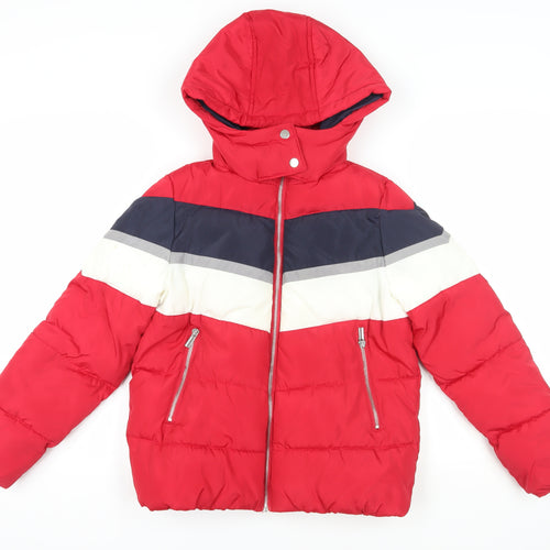 New Look Women's Red Puffer Jacket - Size 8, Hooded
