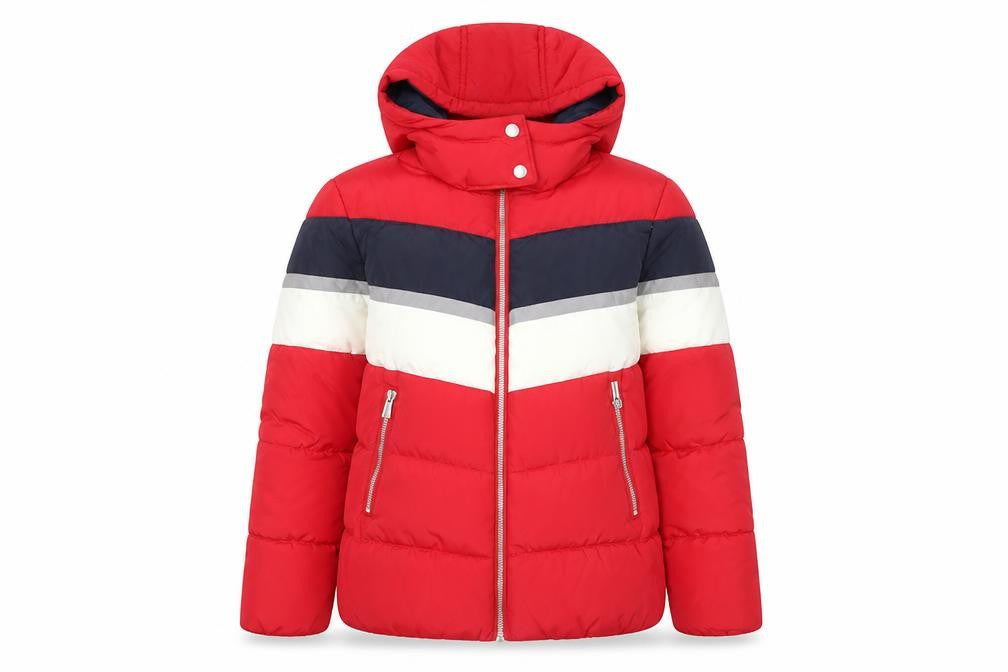 Front view of New Look Women's Red Puffer Jacket -, size 8, Hooded