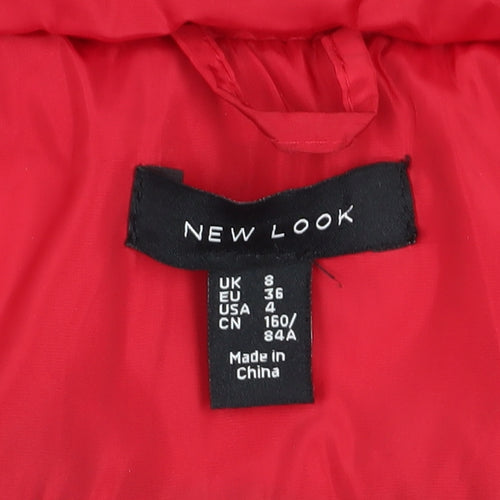 New Look Women's Red Puffer Jacket - Size 8, Hooded