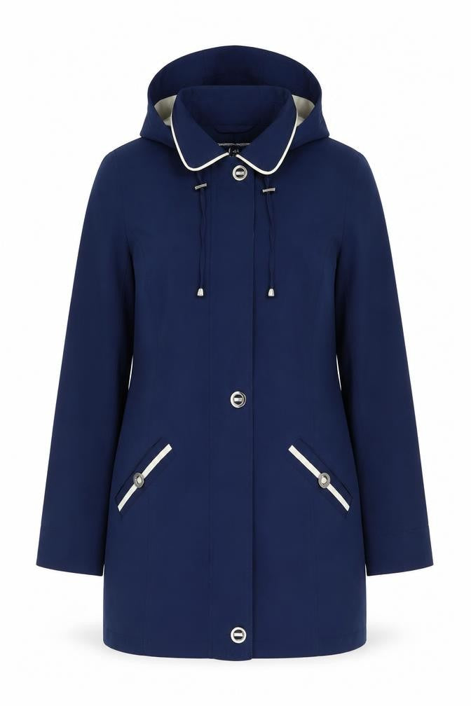 Front view of Isle Women's Blue Hooded Rain Coat, size 10