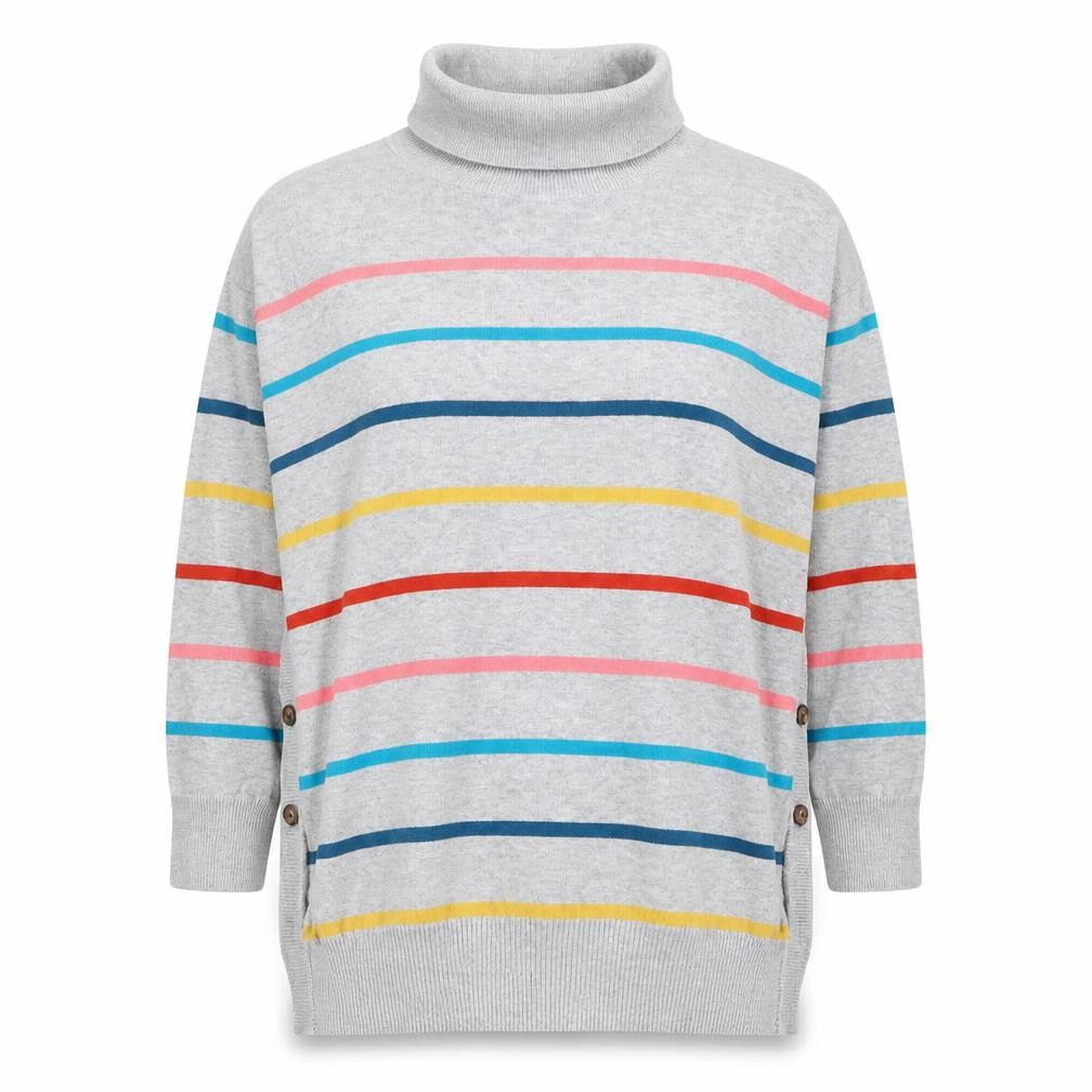 Front view of Frugi Women's Grey Striped Roll Neck Jumper, size 10