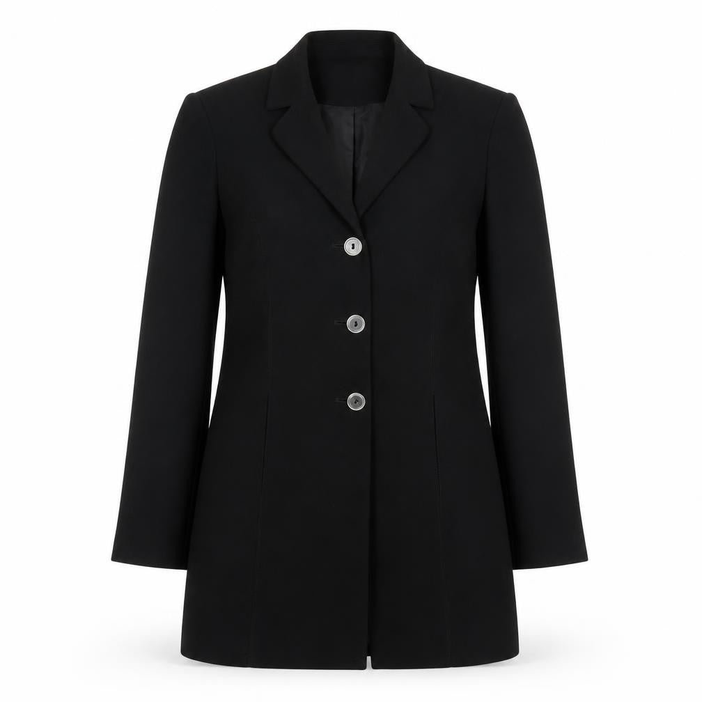 Front view of Linea Women's Black Mid-Length Coat, size 10, Button Accent
