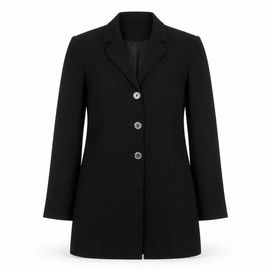 Front view of Linea Women's Black Mid-Length Coat, size 10, Button Accent