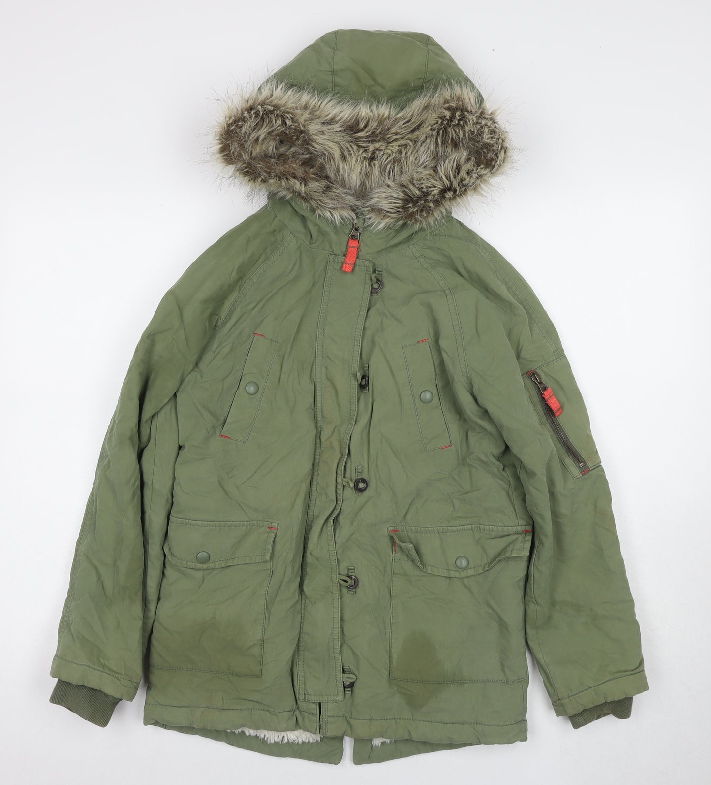 Boden Girls Green Parka Coat 11 Years - Fur Trim Hooded Winter Jacket