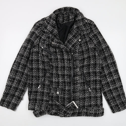 ONLY Women's Black Check Biker Jacket - M, Lined, Zip Closure