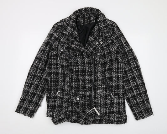 ONLY Women's Black Check Biker Jacket - M, Lined, Zip Closure