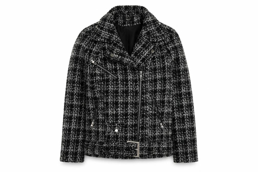 Front view of Only Women's Black Check Biker Jacket - M, Lined, Zip Closure