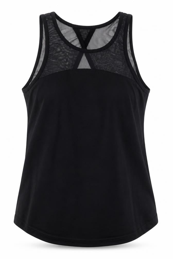 Front view of Crane Women's Black Athletic Mesh Tank Top, size S