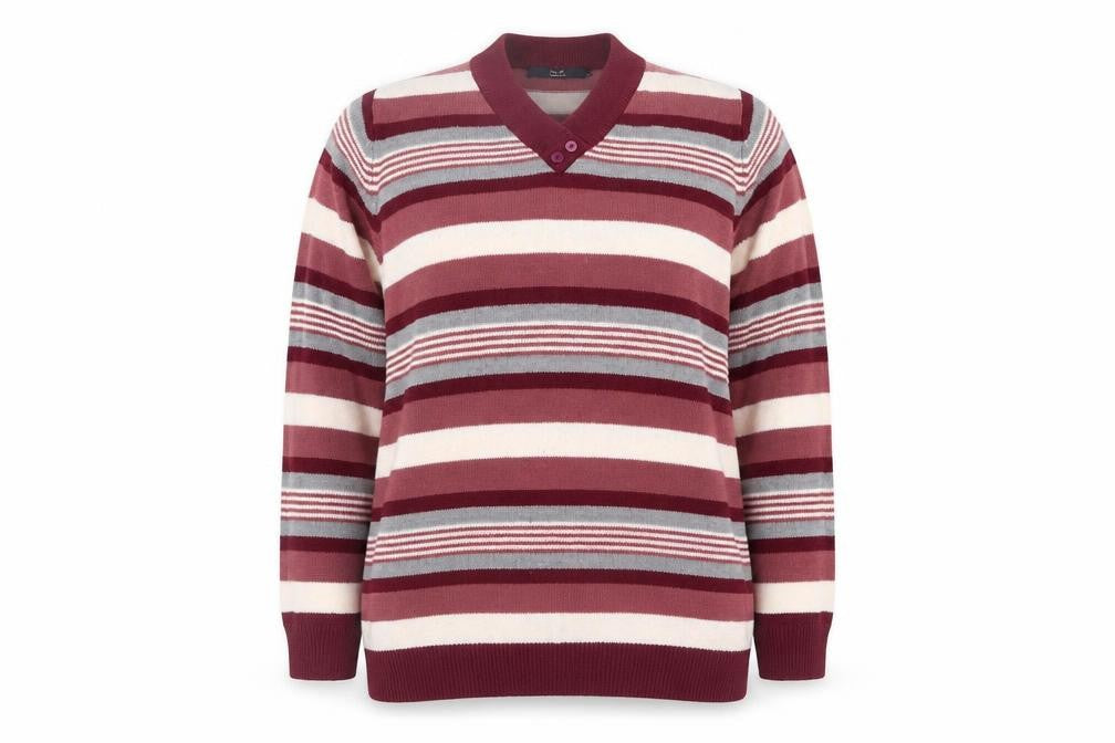 Front view of Isle Essentials Women's Red Striped Jumper, size 18, V-Neck