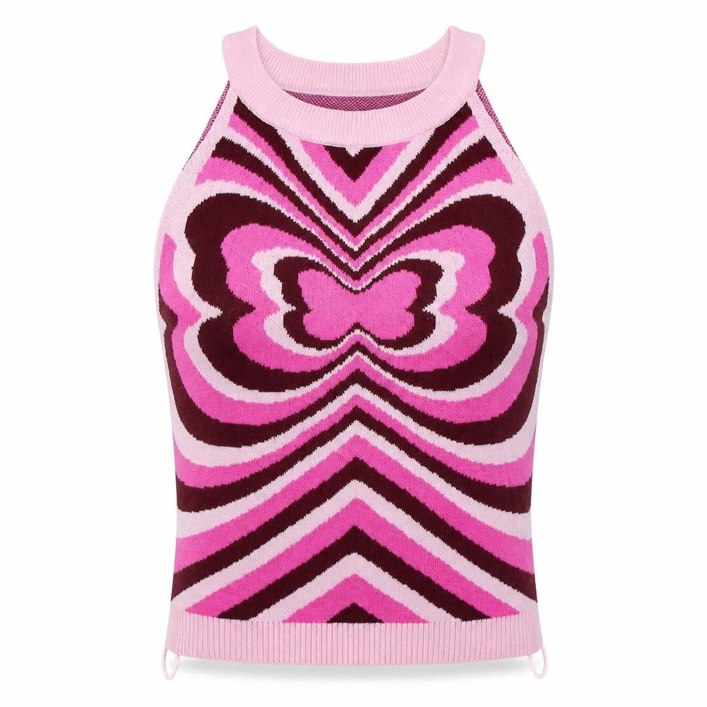 Front view of Witty Fox Women's Pink Cropped Geometric Tank Top, size S