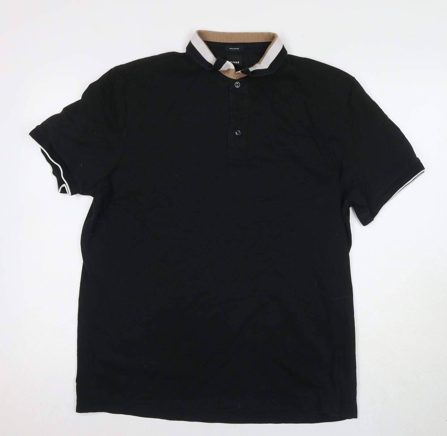 BOSS Men's Black Polo Shirt L Collared Button Short Sleeve