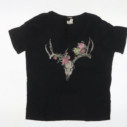 Ralph Lauren Women’s Black V-Neck T-Shirt, Small, Embroidered