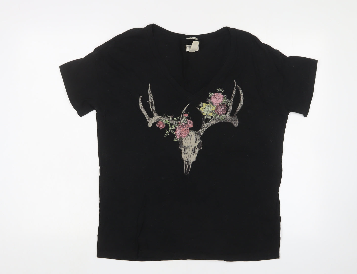 Ralph Lauren Women’s Black V-Neck T-Shirt, Small, Embroidered