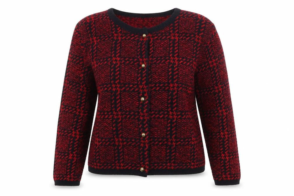 Front view of St Bernard Women's Red Checked Cardigan, size 14-16