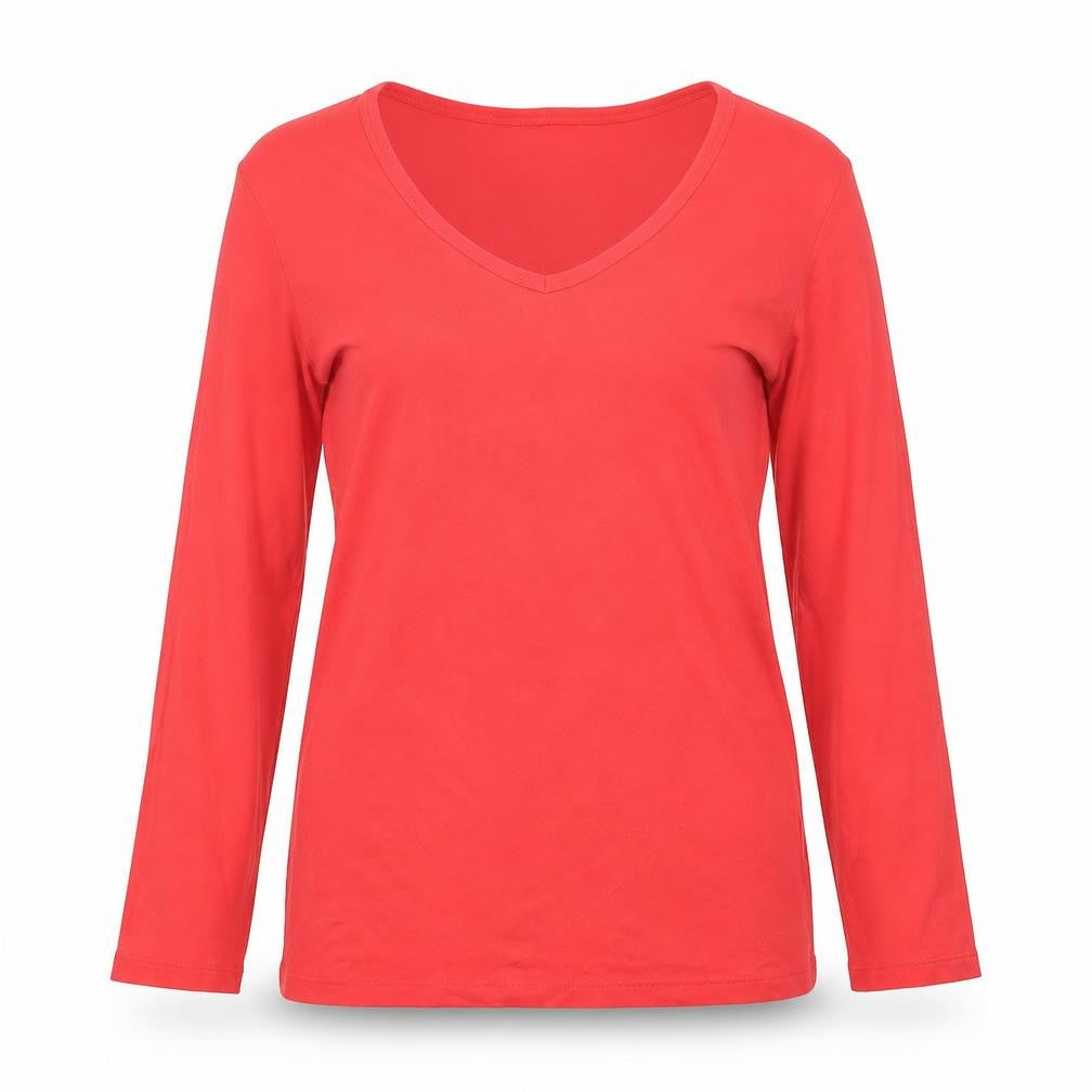 Front view of Orvis Women's Red 3/4 Sleeve V-Neck T-Shirt Medium