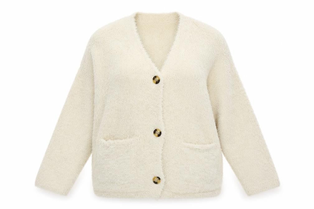 Front view of Pull&Bear Women's Beige V-Neck Cardigan, size S