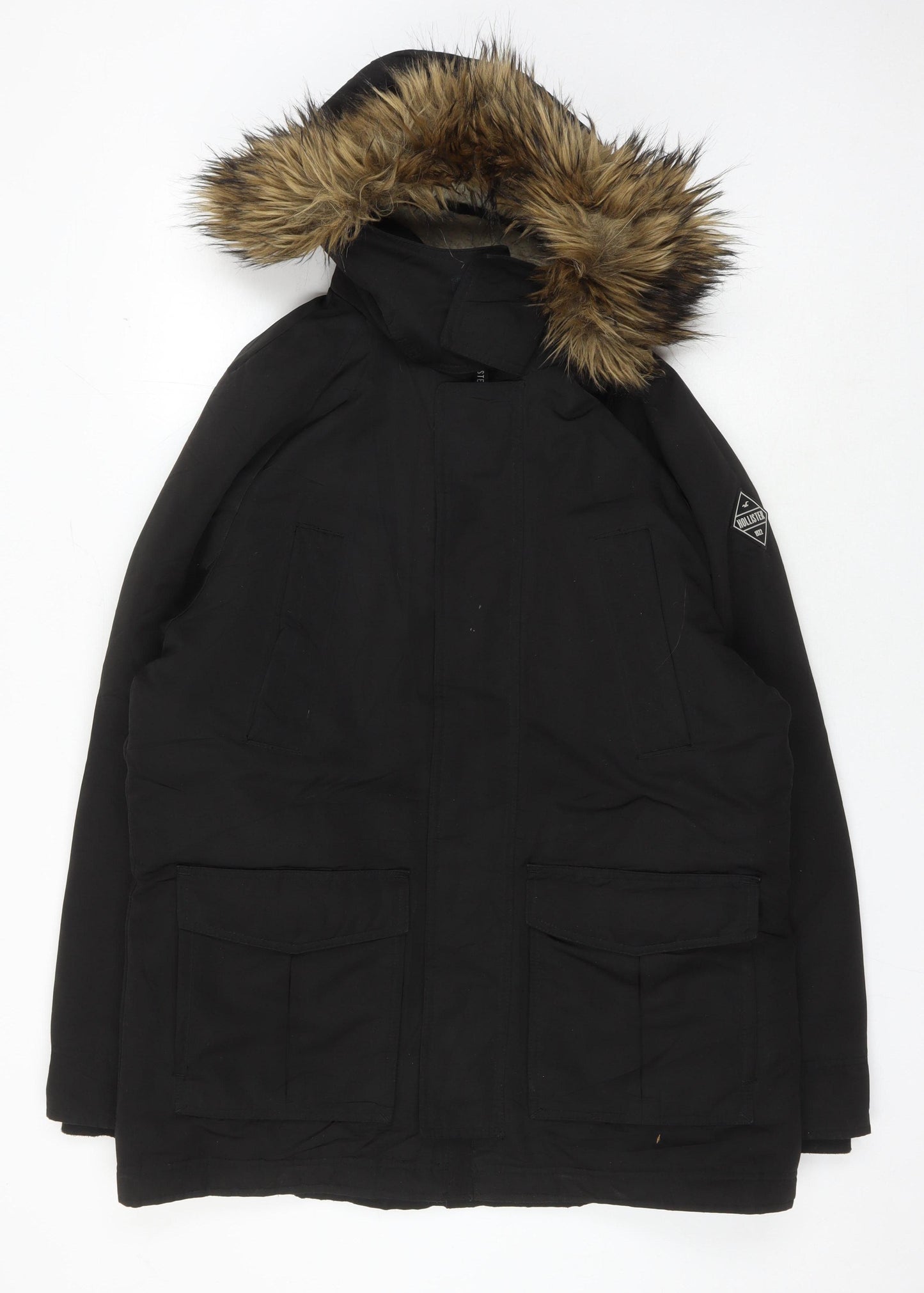 Hollister Men's Black Parka Jacket L Hooded Insulated