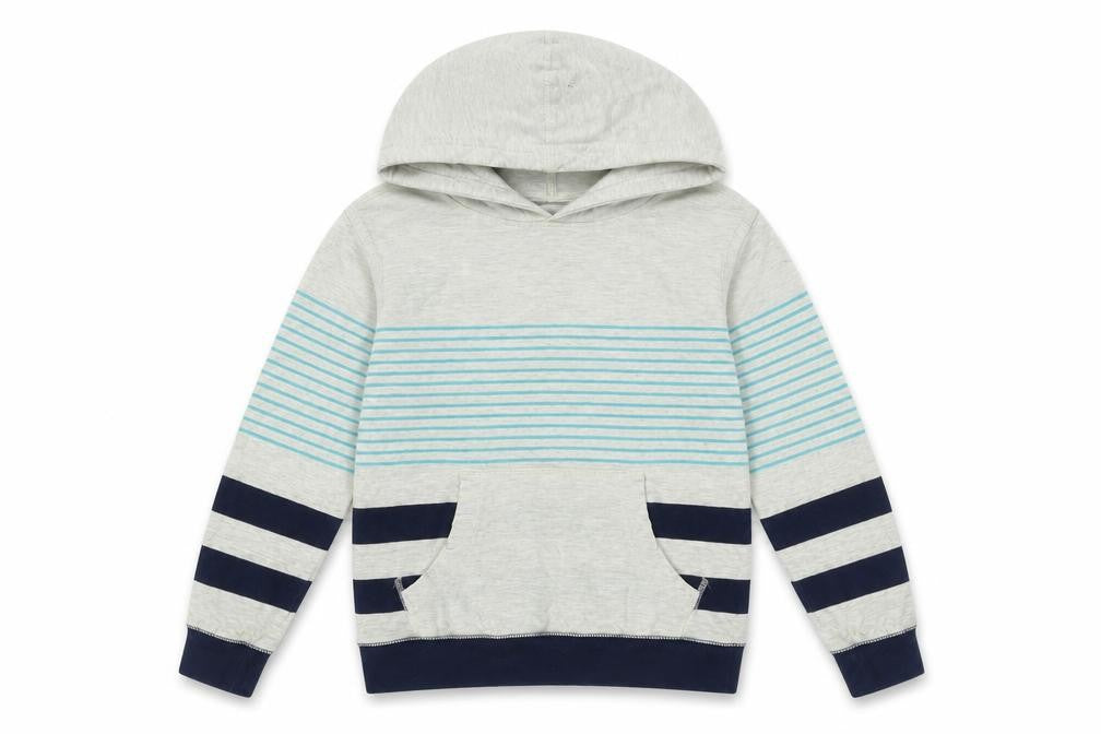Front view of Gap boys’ beige striped cotton hoodie pullover, size 8-9, years