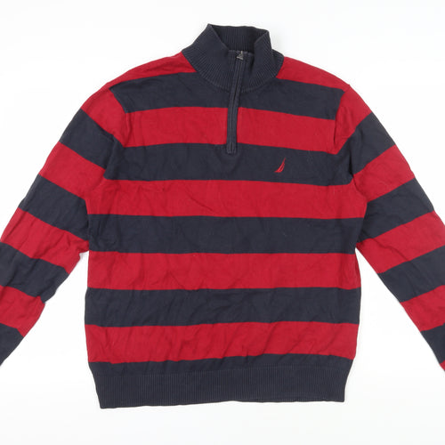 Nautica Men's Red Striped Full Zip Jumper Size L Casual