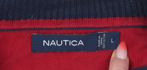 Nautica Men's Red Striped Full Zip Jumper Size L Casual