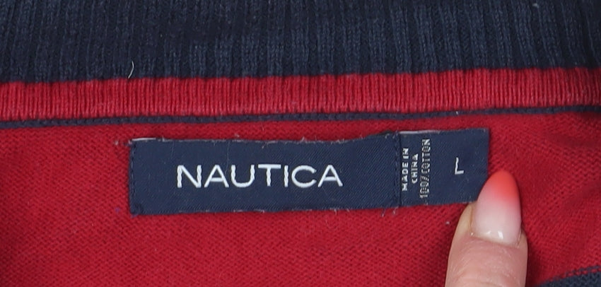 Nautica Men's Red Striped Full Zip Jumper Size L Casual