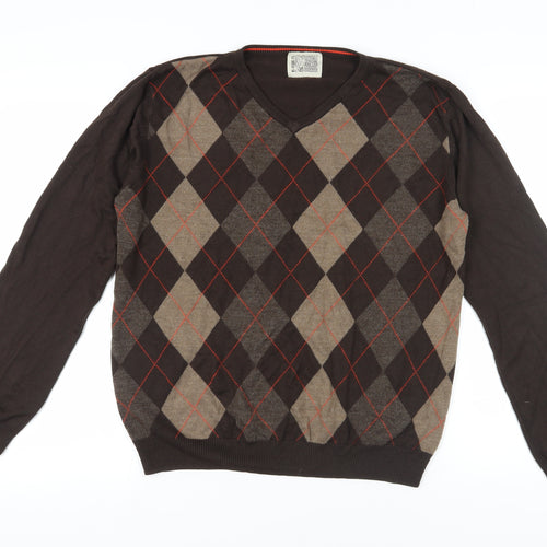 BHS Men's Brown Argyle V-Neck Pullover Jumper M